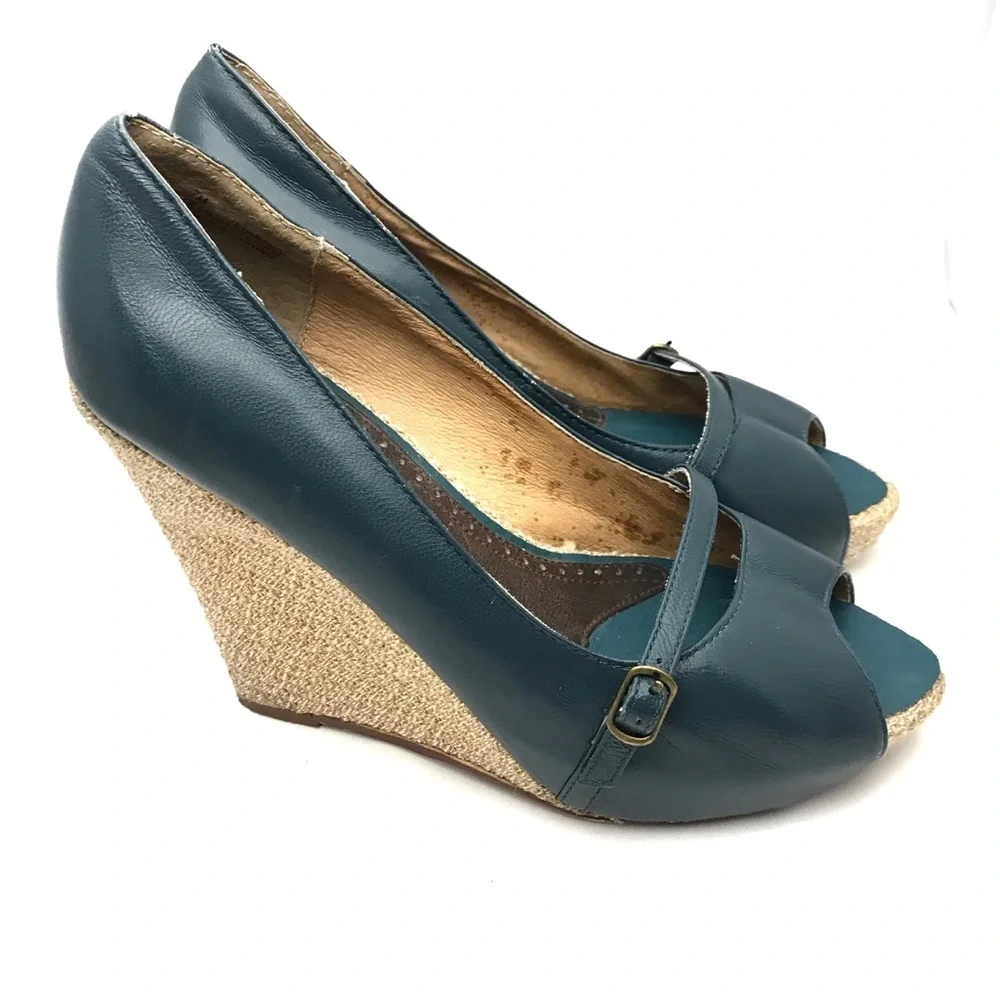 Pink Studio Leather Green Wedge Heel Women 7M Open Toe Anthropologie‎